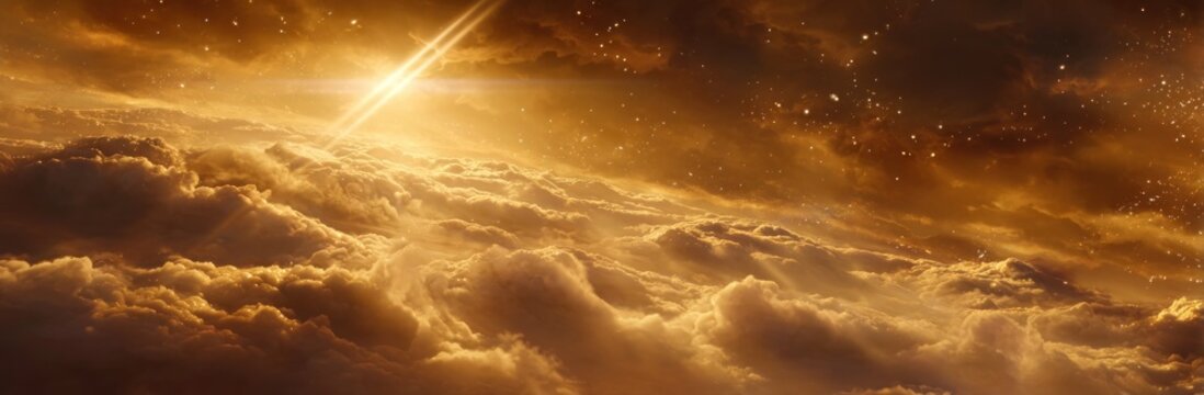 Dreamy skyscape with clouds illuminated by golden light against a starry, dark sky, evokes a celestial, ethereal atmosphere