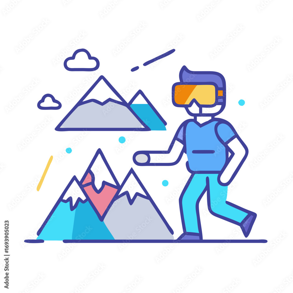 Aufkleber flat vector illustration of a man in virtual reality interacting with mountains in cyberspace