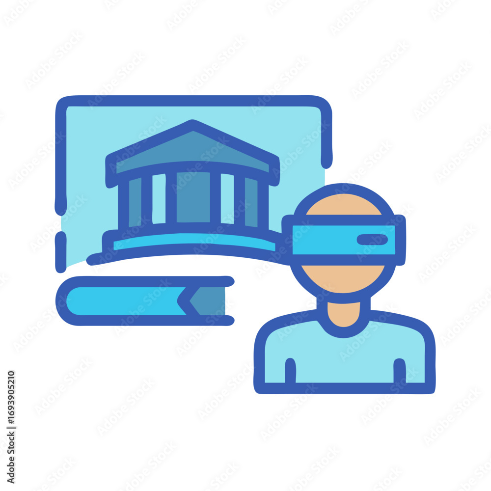 Poster person using vr headset viewing historic architecture in a virtual environment for educational exper