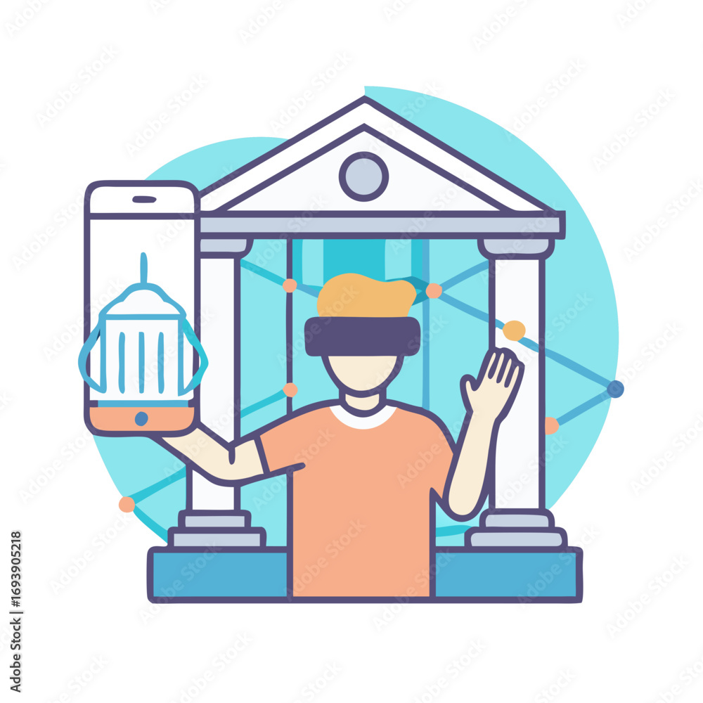 Aufkleber vr banking experience illustration with a customer using a mobile banking application and virtual re