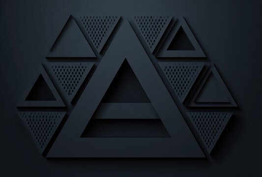 Dark geometric abstract. A central open triangle intersected by a bar, surrounded by layered perforated triangles on a black surface