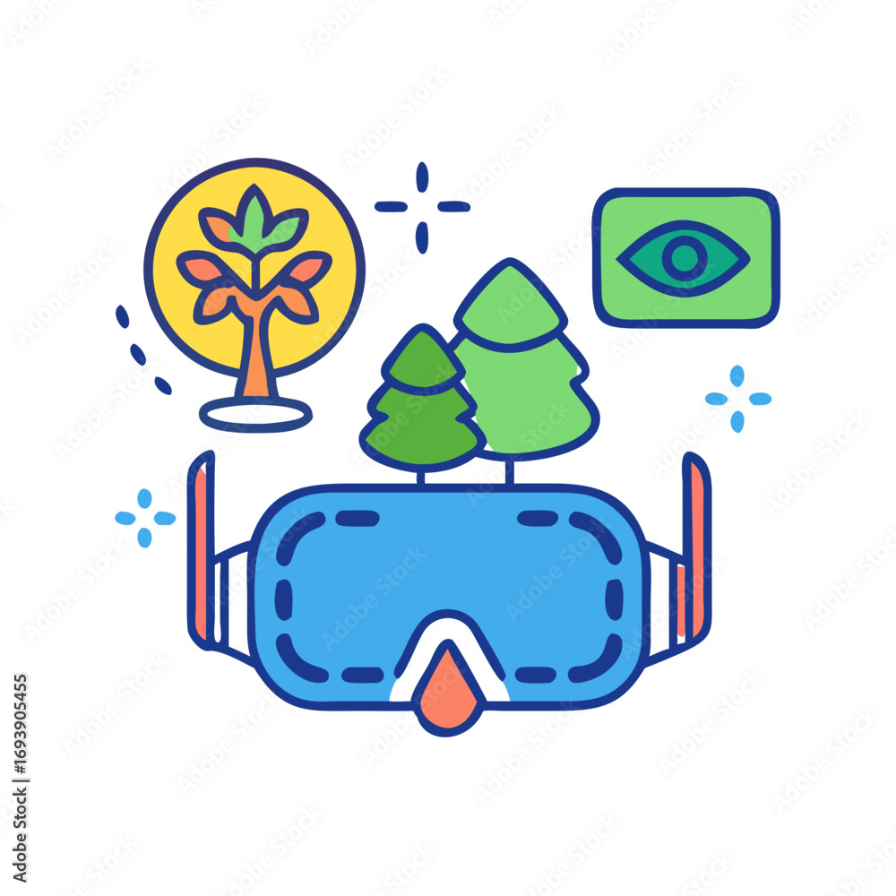 Poster virtual reality simulation of nature with tree and eye icons on black background