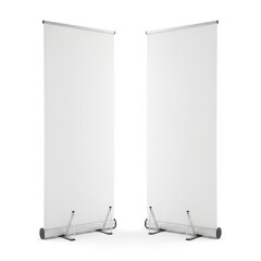 Two blank roll up banner stands isolated on white background for advertisement