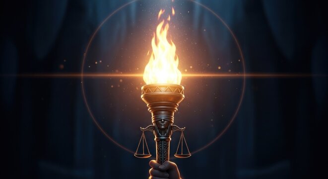 Illuminated, stylized torch with fiery flame held up against a dark background, a circle of light surrounding it. Scales of justice present - Powered by Adobe