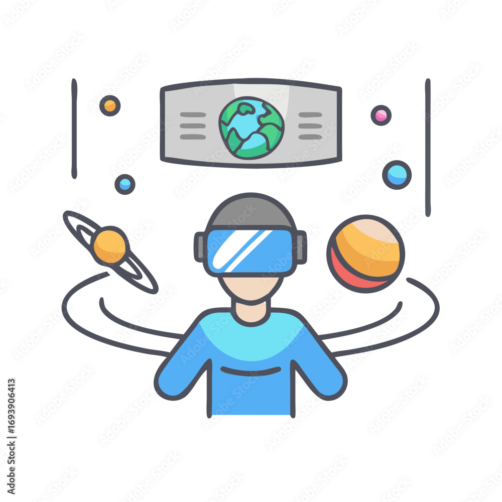 Poster person using virtual reality headset exploring the solar system and space elements