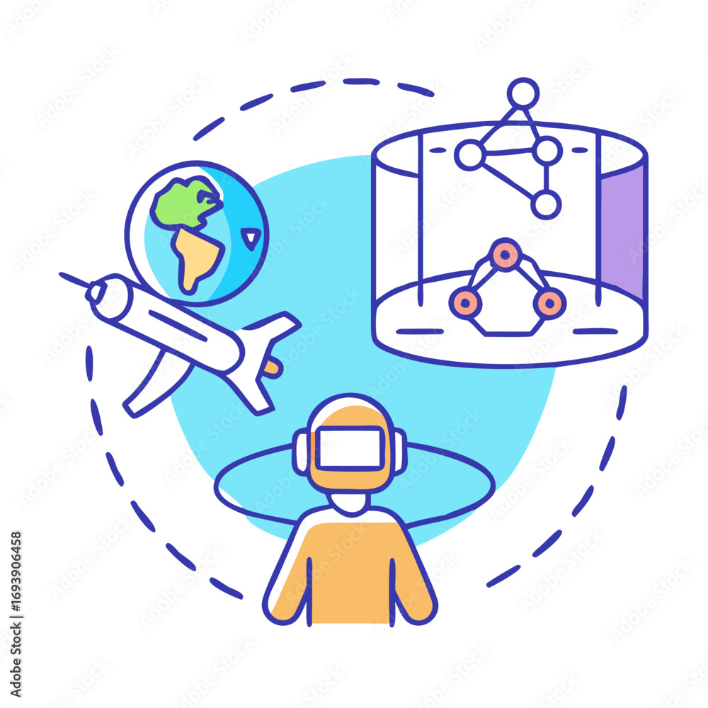 Poster exploring metaverse technologies: virtual reality, globe visualization, and networking structures wi