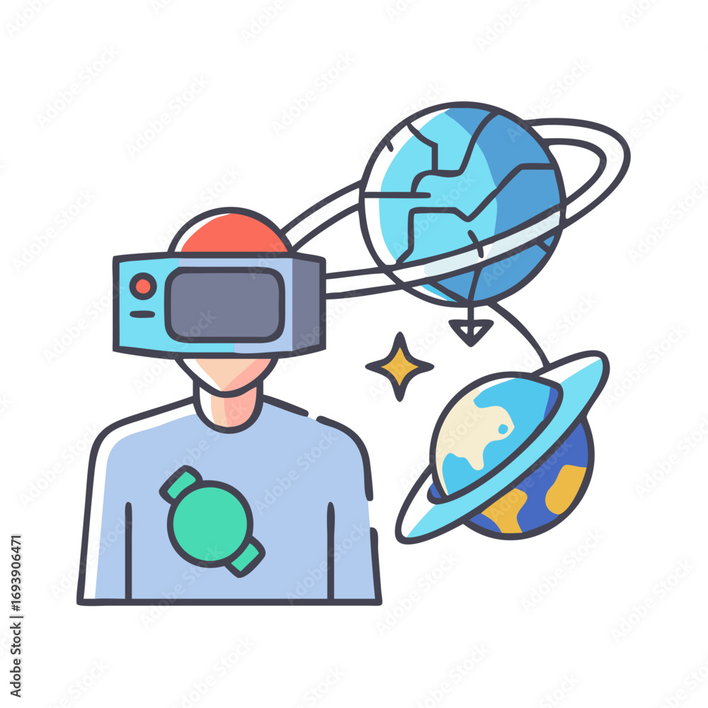 Poster vector illustration of a person using vr headset exploring space and planets in virtual reality