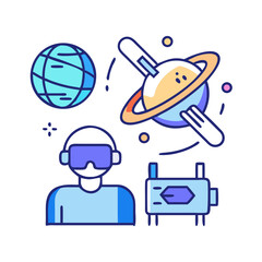 Virtual Reality Space Exploration Concept with VR Headset, Planet, Globe and Satellite Iconography
