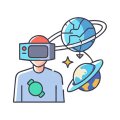 Vector illustration of a person using VR headset exploring space and planets in virtual reality