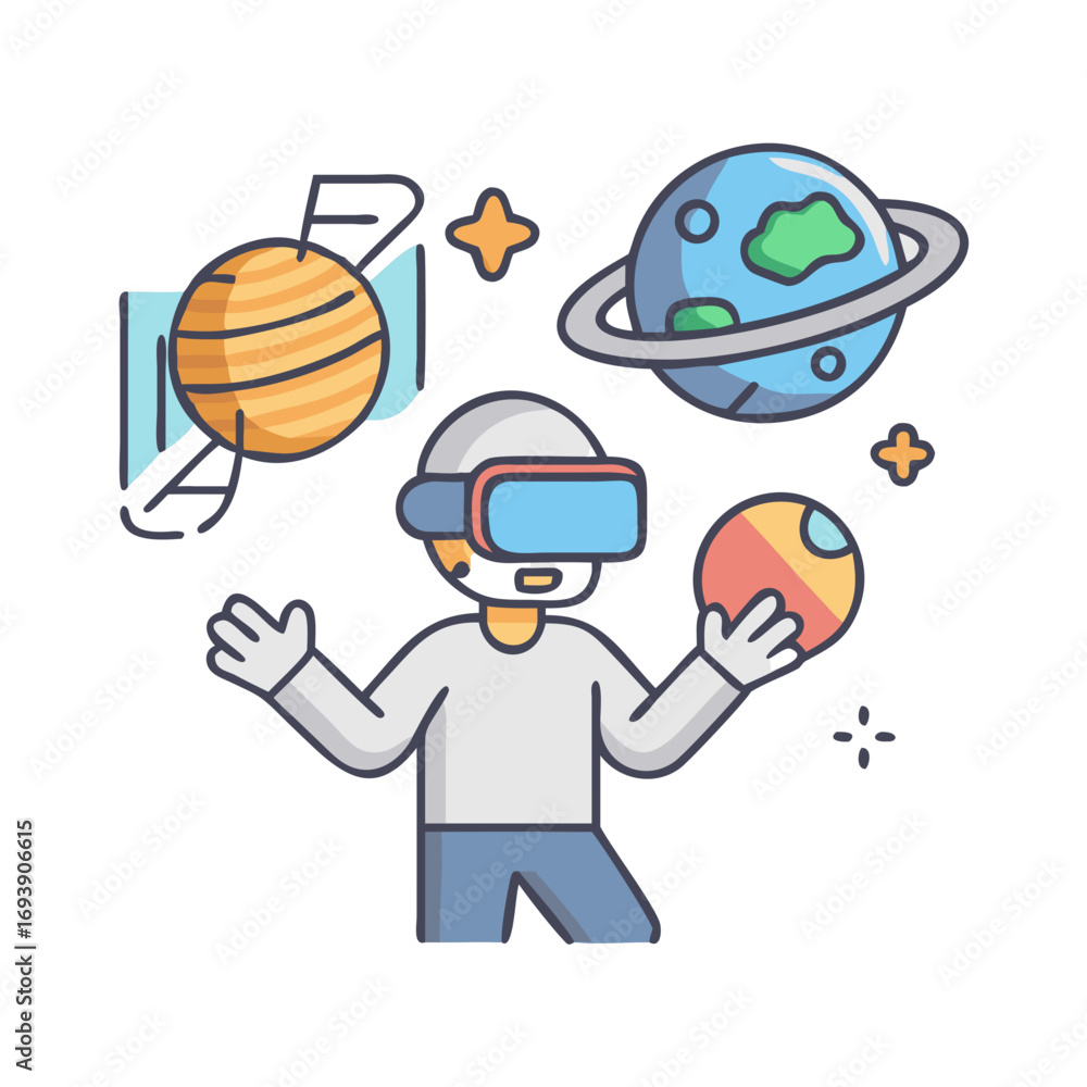Poster man in vr headset exploring simulated planets and objects in a digital universe