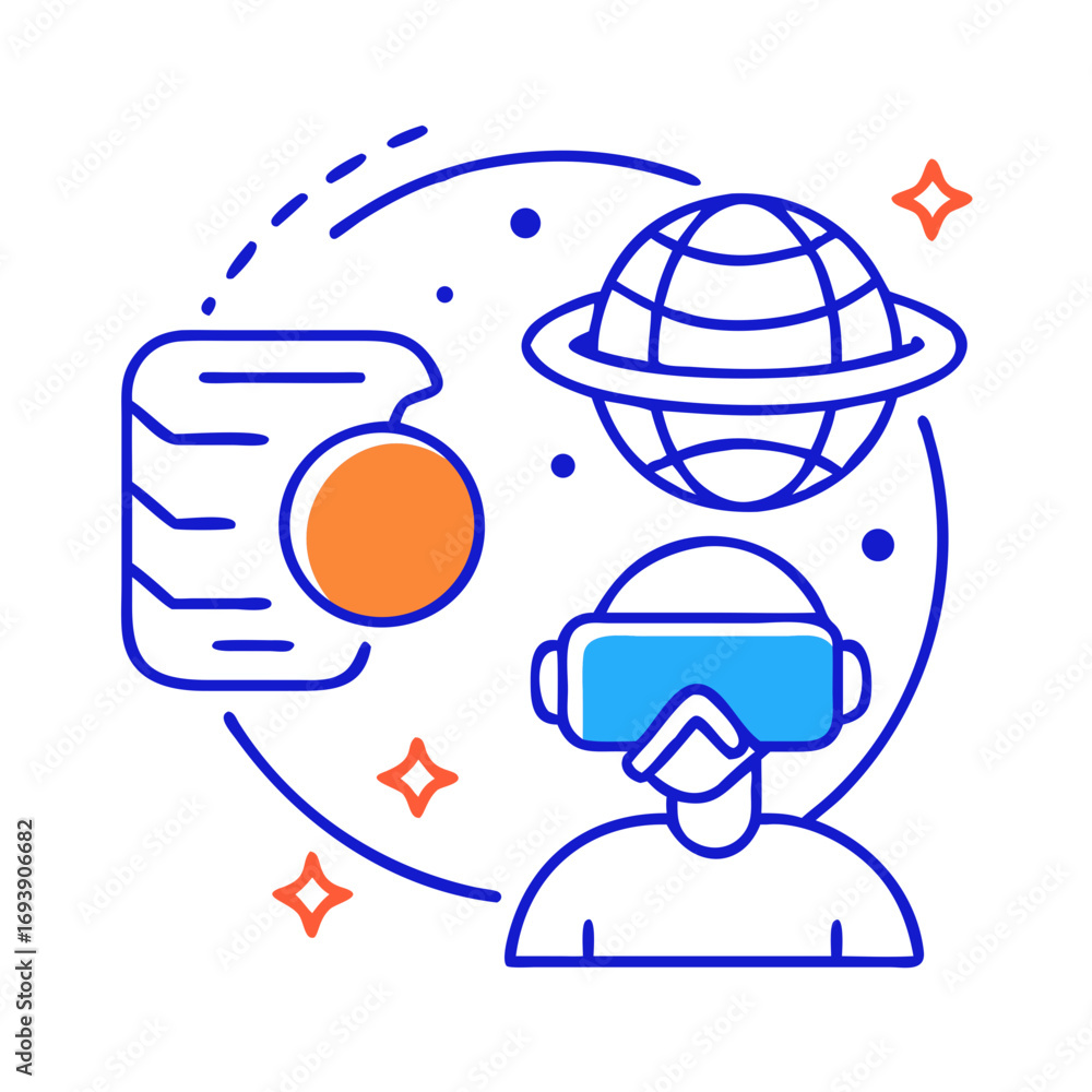 Poster virtual reality exploration: man with vr headset exploring digital worlds in outline style