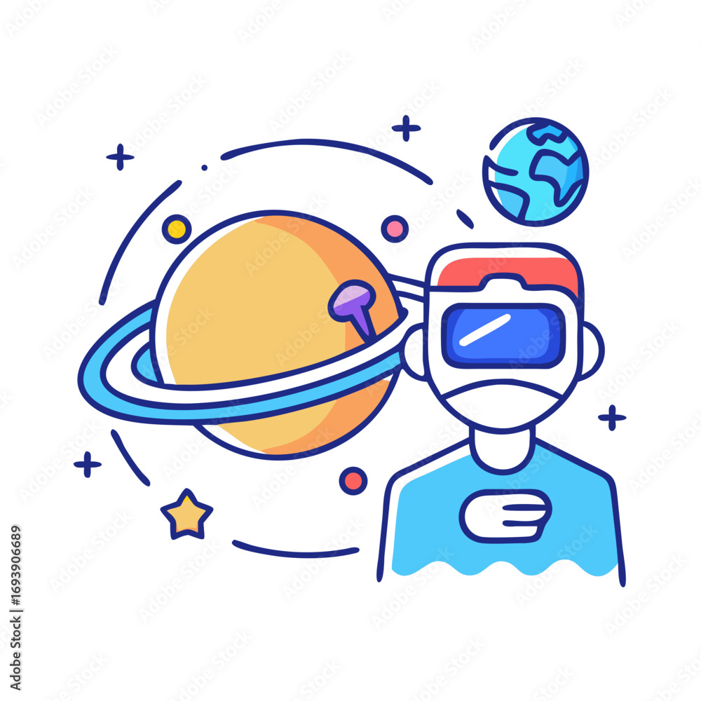 Poster man in vr headset exploring space with planets and stars on black background