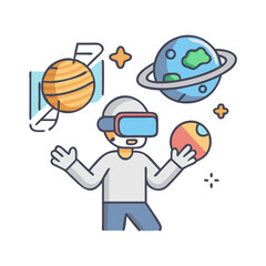 Man in VR headset exploring simulated planets and objects in a digital universe