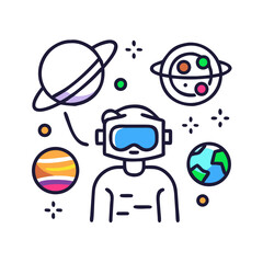 Illustration of a person in VR headset surrounded by planets and stars