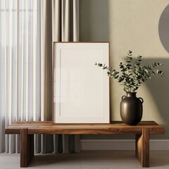 Mockup poster frame on wooden bench in minimalist interior with ceramic vase and green foliage under natural light