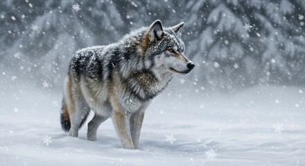 A gray wolf stands in a snowy forest its fur dusted with snowflakes gazing to the right during a winter snowfall