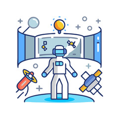 Astronaut in virtual reality simulation with space elements on black backdrop