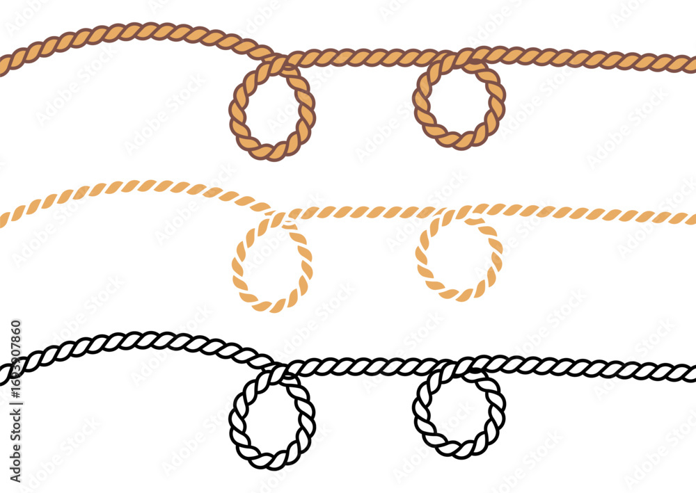 Poster decorative rope swirl knot borders with twisted strands and circular loops, isolated on white backgr