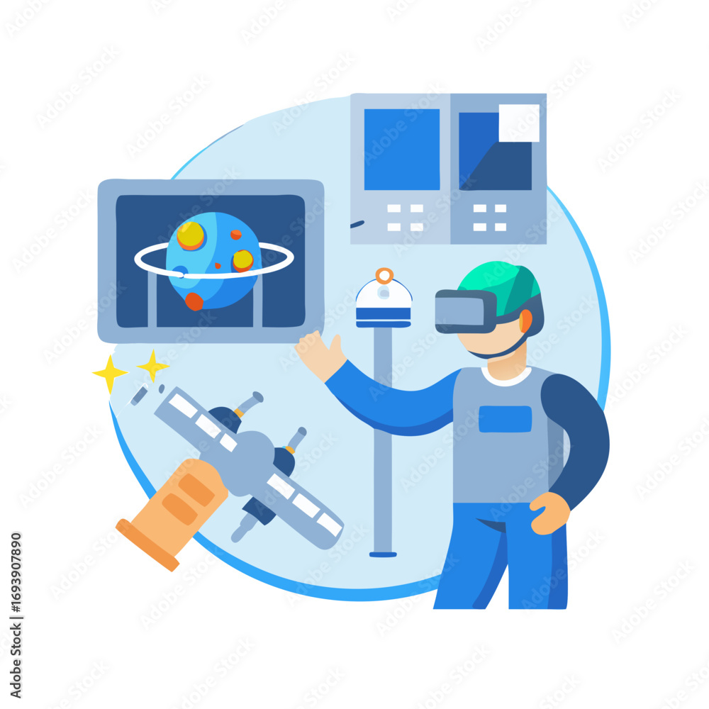 Poster Virtual reality space exploration flat illustration of person interacting with space objects and displays