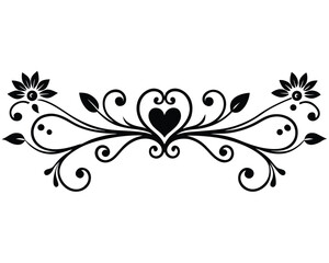 Vector art of black and white heart flourish design with flowers