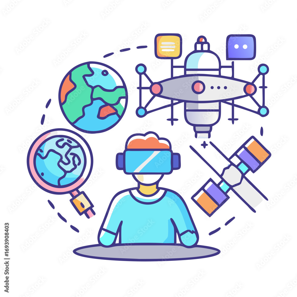 Aufkleber vr user exploring space and earth in virtual reality environment technology