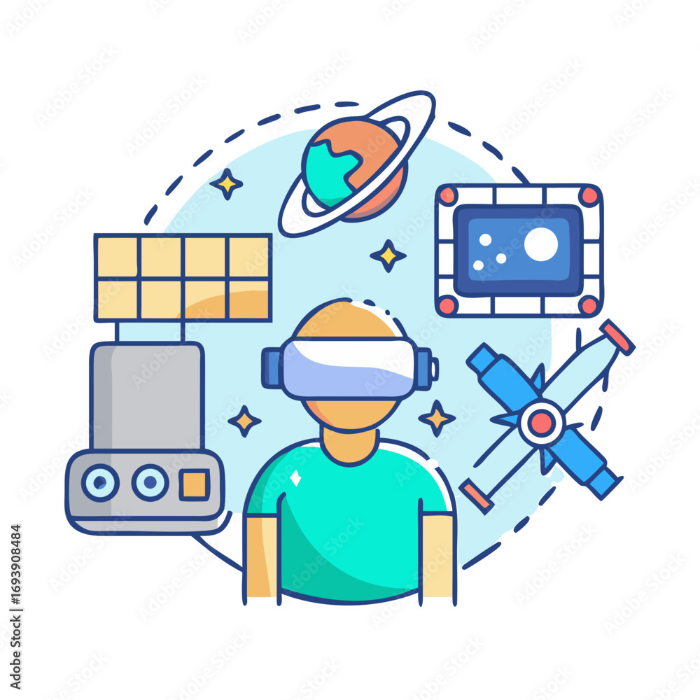 Poster flat vector illustration depicting virtual reality user exploring space and science concepts