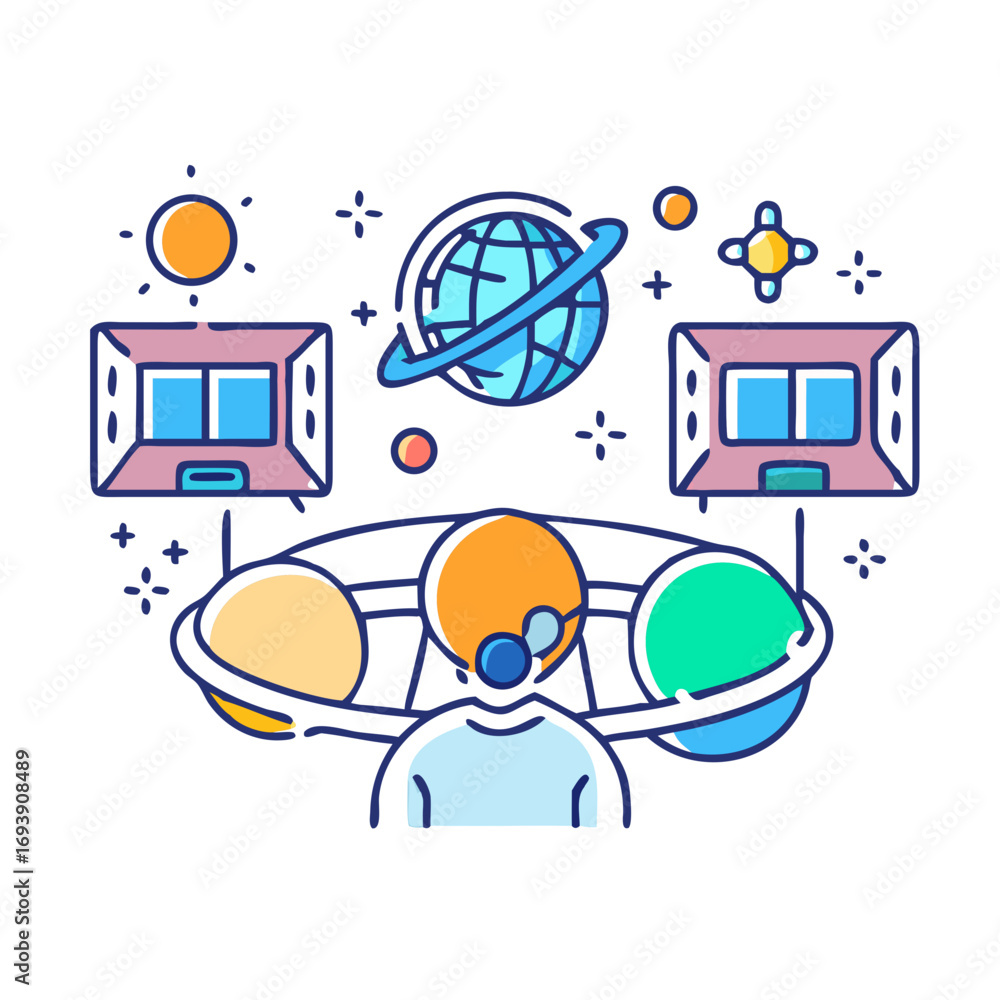 Aufkleber astronaut in virtual reality viewing planets orbiting a world in a geometric space environment
