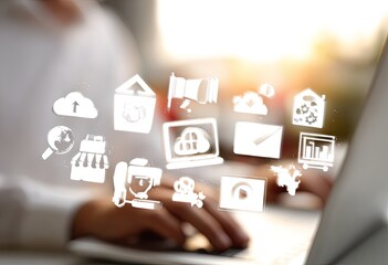 Hands typing on laptop, overlayed with various white digital icons representing business and technology