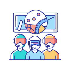 Three people wearing virtual reality headsets looking at screen in stylized illustration