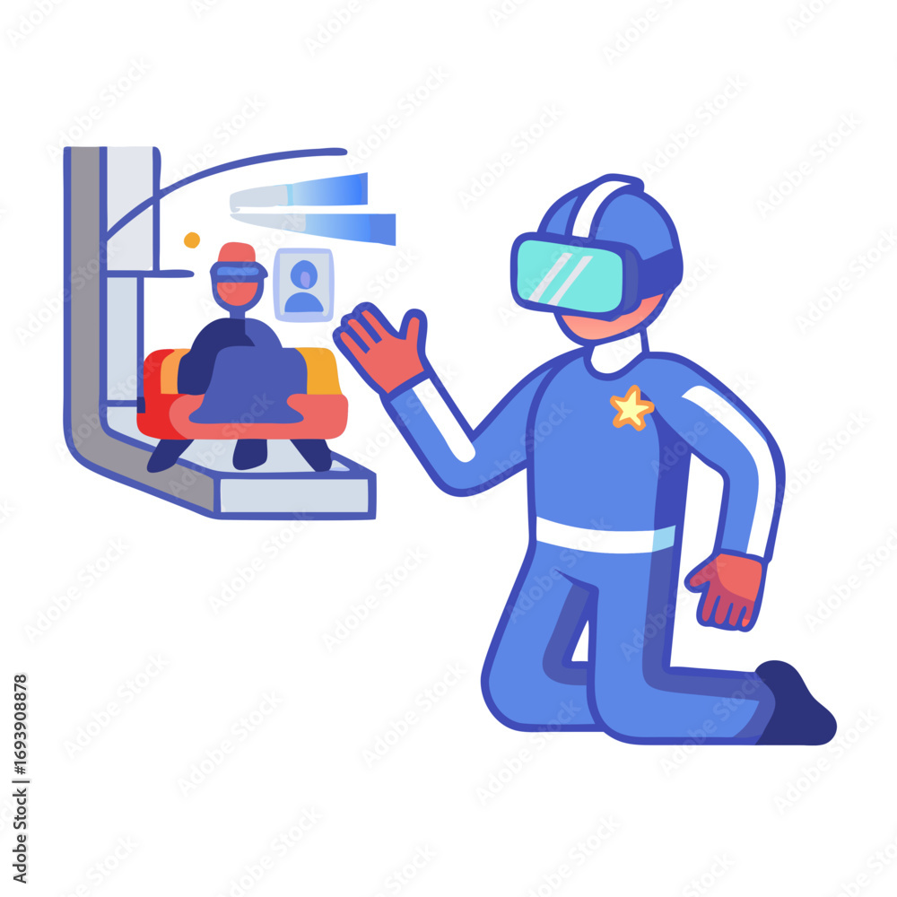 Aufkleber cartoon sheriff interacting with avatar in a virtual reality simulation on a black background