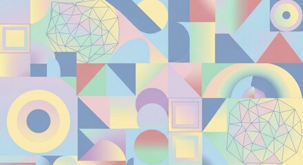 A geometric composition featuring squares, circles, triangles, and spheres, arranged in a grid-like pattern with pastel gradient fills