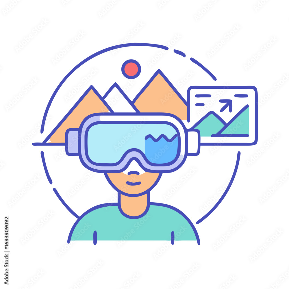 Poster man wearing virtual reality headset exploring virtual landscapes and data visualizations in immersiv