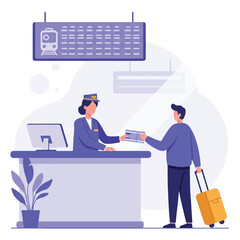 A ticket agent provides a ticket to a traveler at a train station counter, with a large train schedule board visible behind them, rendered in a clean 2D flat vector illustration style.