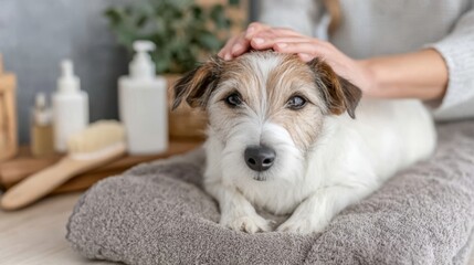 Hands carefully trim the fur of a relaxed dog in a serene pet spa designed for animal wellness and luxury