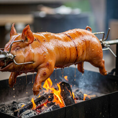 A roasted pig on the rotisserie. Roast pig
