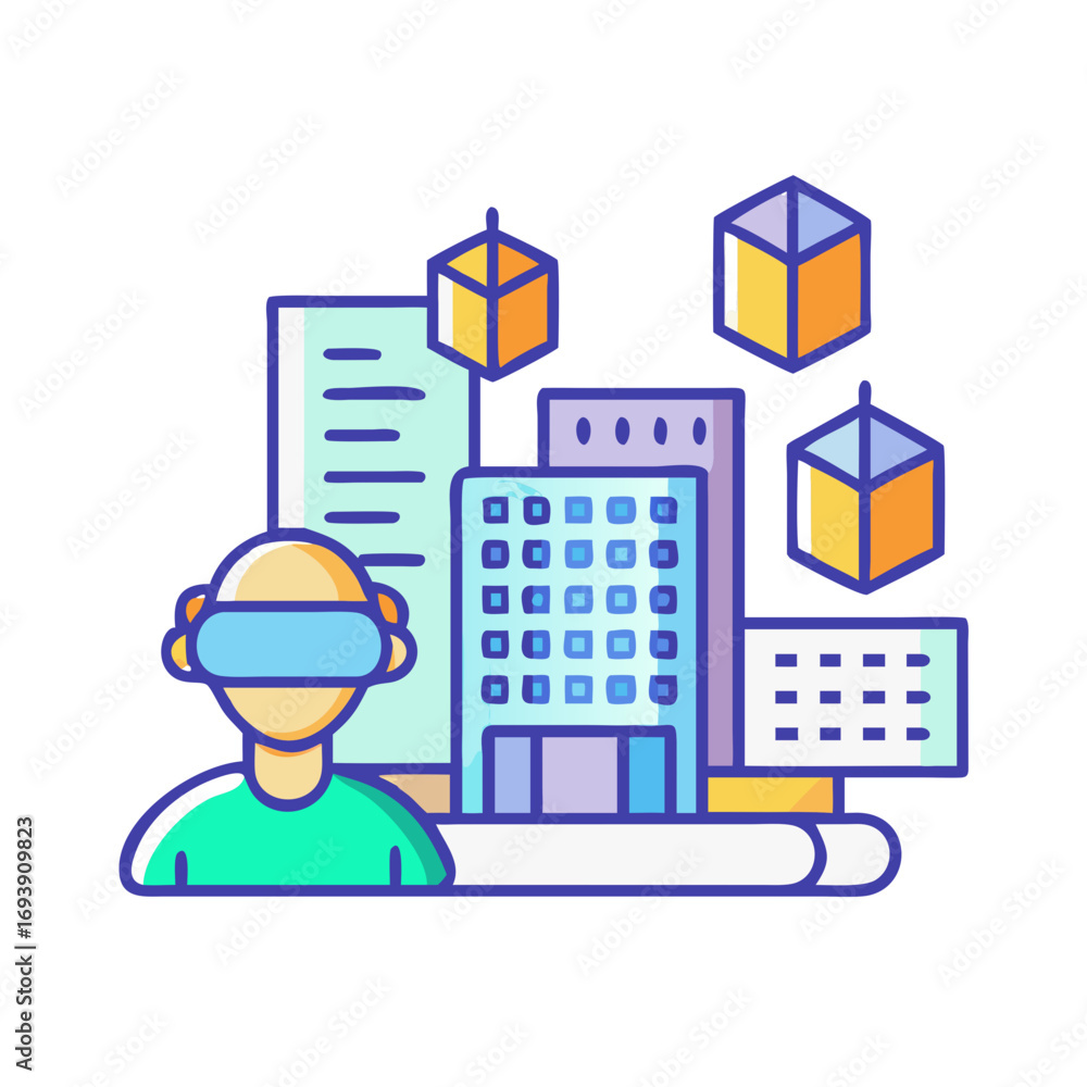 Poster man in vr headset exploring virtual cityscape with floating cubes and buildings