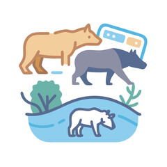 Graphic Illustration of Bears in Nature with Contrasting Colors on Black Background