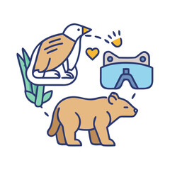 Cute animal illustration with bird, bear, goggles, and heart on black background