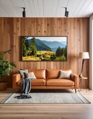 Interior living room wall mockup with leather sofa and decor on wooden wall background
