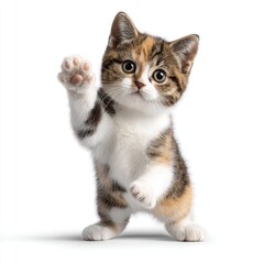 Obraz premium Cute calico kitten, standing on hind legs, waving paw. Soft lighting, white background, playful pose