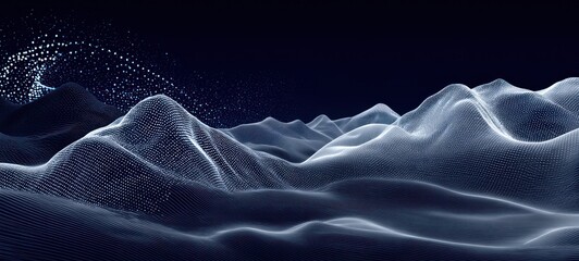 Obraz premium Abstract landscape featuring a grid-like mountain range under a dark sky, with flowing dots resembling a breeze. Serene and ethereal
