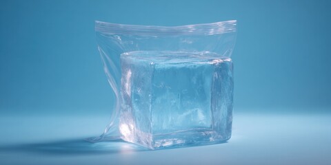 Large translucent ice cube in a clear plastic bag, casting a shadow on a solid blue background