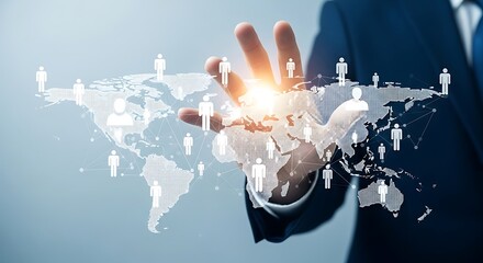 Conceptual Businessman Interacting Global Network Data Visualization Technology Illustration