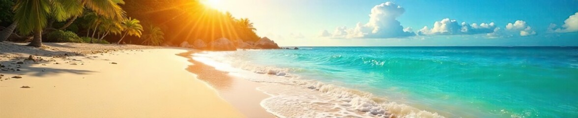 Obraz premium Golden sunlight bathes a pristine beach, sparkling turquoise water laps the shore, creating idyllic summer vibes Perfect for travel, vacation, or summer themes , clear, calm