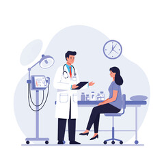 Male doctor consults female patient on an examination table with medical equipment in the background, depicted in a clean, simplified 2D flat vector illustration style.
