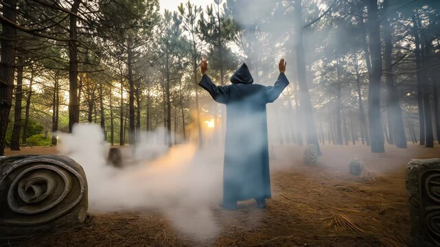 A mysterious hooded figure performs a smoky ritual among ancient stones in a forest clearing
