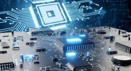 A close-up of a blue electronic circuit board with a network of digital data processors