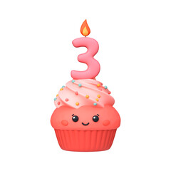 Cute 3D birthday cupcake with candle and number 3