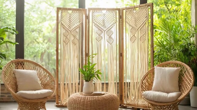 A sunlit indoor seating area with two wicker chairs, a woven ottoman table, a decorative folding screen, and potted plants.