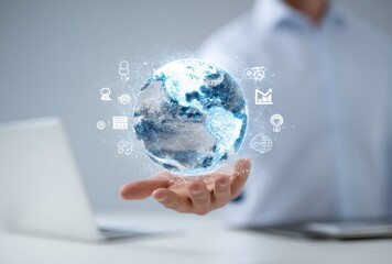 Illuminated Earth projection hovers over an outstretched palm, surrounded by small interface icons on a light background